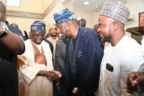 Tinubu after the jummat prayers at the Dolphin Community Mosque in Ikoyi Lagos shortly after he joined his colleague Governors to pay Sallah homage to the President on Friday... Photo. Government House Katsina